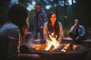 On a cool autumn evening, friends gather in front of the small firepit at the campsite and enjoy it. generative AI - obrazy, fototapety, plakaty