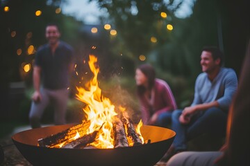 On a cool autumn evening, friends gather in front of the small firepit at the campsite and enjoy it. generative AI - obrazy, fototapety, plakaty