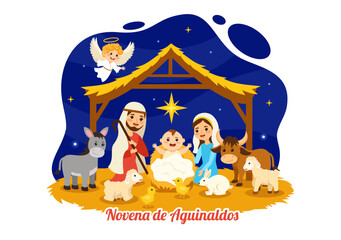 Naklejka premium Novena De Aguinaldos Vector Illustration with Holiday Tradition for Families to Get Together at Christmas in Flat Cartoon Background Design