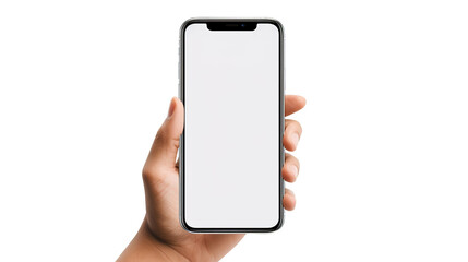 hand holding smartphone for Mockup template isolated on transparent background Remove png, Clipping Path - obrazy, fototapety, plakaty