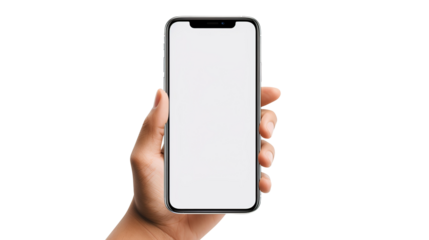 hand holding smartphone for Mockup template isolated on transparent background Remove png, Clipping Path