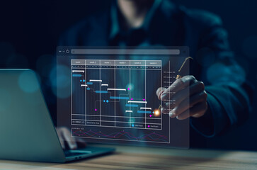 businessman schedule plan management shows a timeline Gantt chart in technology online. concept...
