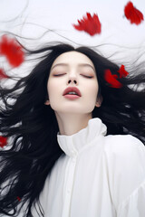 Fototapeta premium Elegant young woman with beautiful red flowers