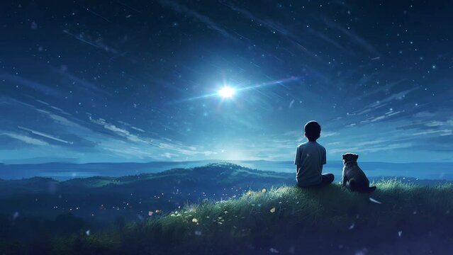 boy sitting on a hill with a dog enjoying the clear sky at night with a bright moon and stars. Animated looping background.