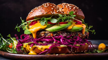 Avocado Sandwich with Green Vegan Burger Roast Yellow - obrazy, fototapety, plakaty