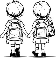 Children go to school together sketch