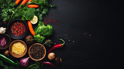 Fototapeta na wymiar Abstract Dark Rustic Vegetarian Food Background with Bowls