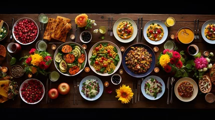 Fotobehang Amazing Colorful Vegetarian Feast Dinner Table © BornHappy