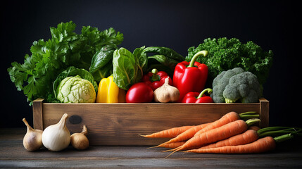 Beautiful Fresh Organic Vegetables in Wooden Box on Gray