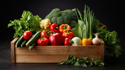 Amazing Fresh Organic Vegetables in Wooden Box on Gray
