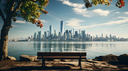 Beautiful day in the city, Metropolis cityscape view, Bench with a view