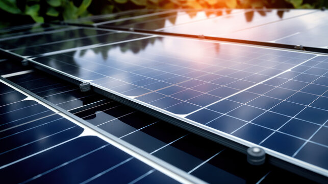 Panneaux solaires en gros plan avec un reflet du soleil couchant