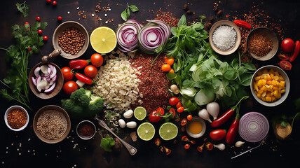 Obraz na płótnie Canvas Dark rustic vegetarian food background with bowls