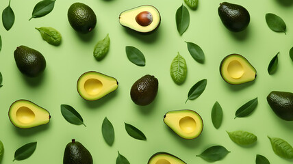 Beautiful Fresh avocado pattern on a green background flat lay