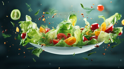 Amazing Fresh salad with flying vegetables ingredients healthy b