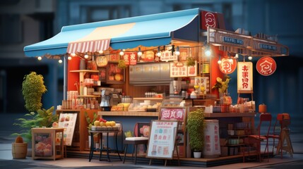3D rendering of Street food market stall. Vector shop booth stand. Festival marketplace tent vendor with a traditional - obrazy, fototapety, plakaty
