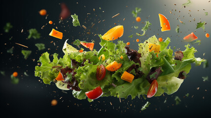 Nice Fresh salad with flying vegetables ingredients healthy back