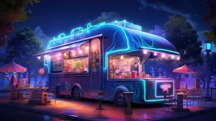 Fotobehang A street food truck at night vector illustration. City park with burgers, pizza, and donut truck vendor cartoon background. © sirisakboakaew
