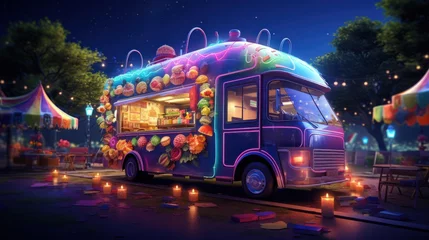Papier Peint photo autocollant Voitures de dessin animé A street food truck at night vector illustration. City park with burgers, pizza, and donut truck vendor cartoon background.