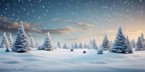Foto op Aluminium Winter panoramic background with snow - covered spruce branches, Christmas tree decorated with toys in snowfall. © sirisakboakaew