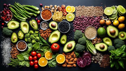 Beautiful Healthy food selection with fruits vegetables seeds - obrazy, fototapety, plakaty