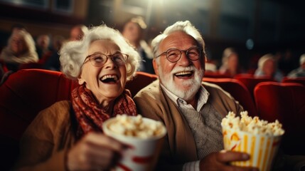 Cheerful senior couple with popcorn at cinema. - obrazy, fototapety, plakaty