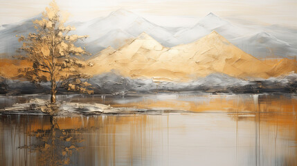 Modern abstract art acrylic oil painting of mountains landscape, mountain peak - obrazy, fototapety, plakaty