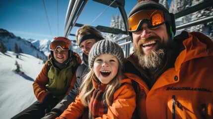 Happy family on the cable car climbing up the ski slopes. Skiing - obrazy, fototapety, plakaty