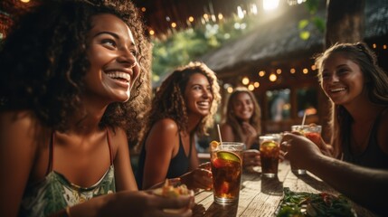 Multiracial happy friends toasting cocktail glasses outdoors at summer vacation - Smiling young people drinking - obrazy, fototapety, plakaty