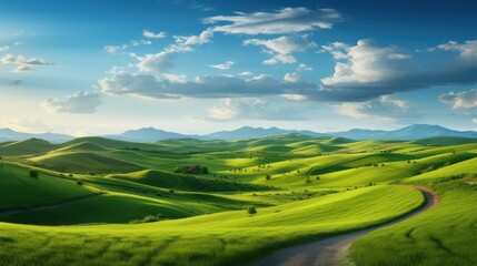 Fototapeta premium Picturesque winding path through a green grass field in hilly area in morning at dawn against blue sky with clouds