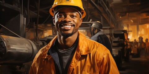 African American factory worker wearing hard hat and work clothes standing, generative AI