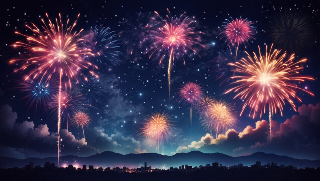 Fireworks Party Bright Night Sky Background