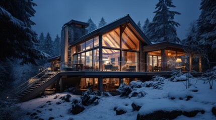Fototapeta na wymiar A modern luxury cottage exterior is covered with deep snow on a winter evening.