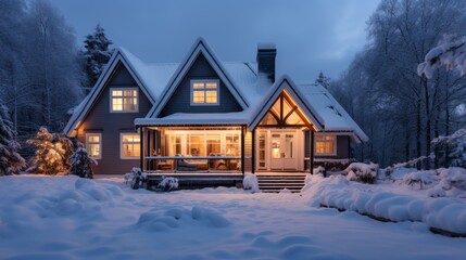 A modern luxury cottage exterior is covered with deep snow on a winter evening. - obrazy, fototapety, plakaty