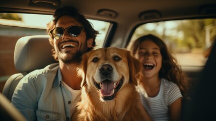 The whole family is driving for the weekend. Father and mother with daughter and Labrador dog sitting in the car