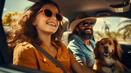 The whole family is driving for the weekend. Father and mother with daughter and Labrador dog sitting in the car