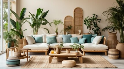 Fototapeta na wymiar Stylish open space with modular sofa and decor