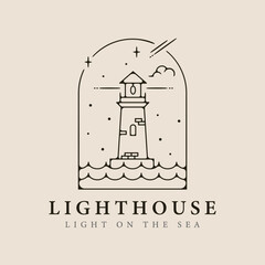 lighthouse line art logo minimalist style with emblem vector illustration design.