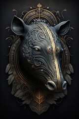 a tapir head with a gold crown on a black background. The zebra's head is rendered in a realistic style, with detailed fur and features