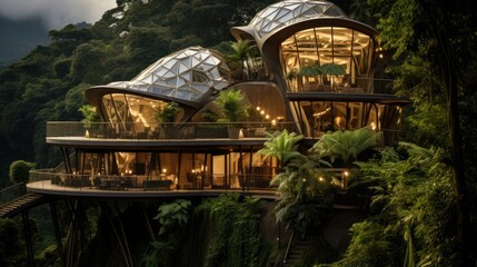 Two - storey eco house on top of the hill in tropical jungle built entirely from laminated bamboo with natural wave - like smooth forms with a high roof and a large windows all around