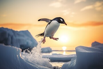penguin jumping on ice Generative AI - obrazy, fototapety, plakaty