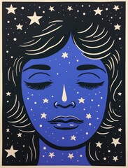 Blue celestial face full of stars - risograph style print poster