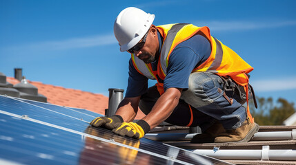 Artisan expert en énergie solaire ajustant un panneau photovoltaïque sur un toit - obrazy, fototapety, plakaty