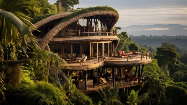 Two - storey eco house on top of the hill in tropical jungle built entirely from laminated bamboo with natural wave - like smooth forms with a high roof and a large windows all around