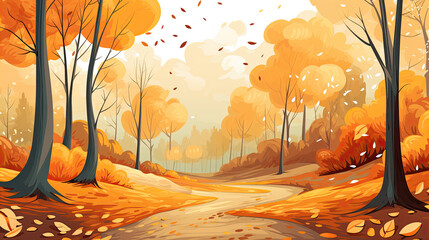 Autumn landscape. Autumn forest background. Brown leaves are falling. Wonderland landscape in fall season.
