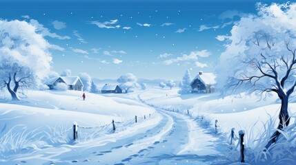 Fototapeta na wymiar Blizzard Blankets The Countryside Landscape With House And Car In A Relentless Whiteout, Cartoon Vector Illustration