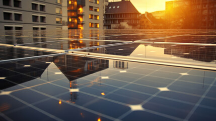Panneaux solaires photovoltaïques au coucher de soleil avec reflets d'un bâtiment moderne