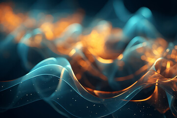 A close-up of an abstract digital fractal art piece of a glow orange blue and green wavy smoke pattern on a dark background, generative AI.