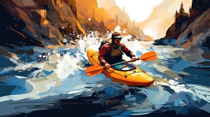 whitewater kayaking, down a white water rapid river in the mountains. Hand edited generative - obrazy, fototapety, plakaty