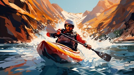 whitewater kayaking, down a white water rapid river in the mountains. Hand edited generative - obrazy, fototapety, plakaty